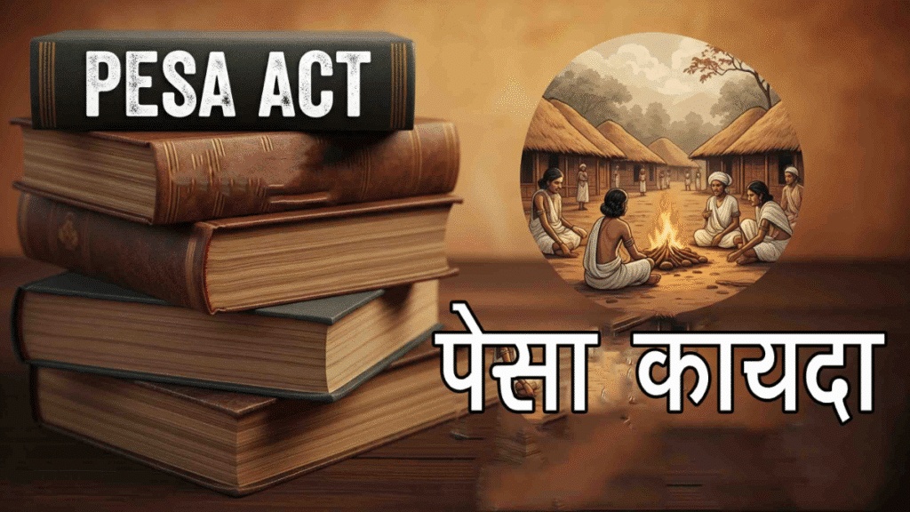 पेसा कायद्याबद्दल माहिती देणारे पुस्तकांचे ढिगारे आणि एका आदिवासी समाजाच्या लोकांचा आगळा साक्षात्कार दर्शवणारी चित्रण. Best Pesa Act 1996 In Marathi