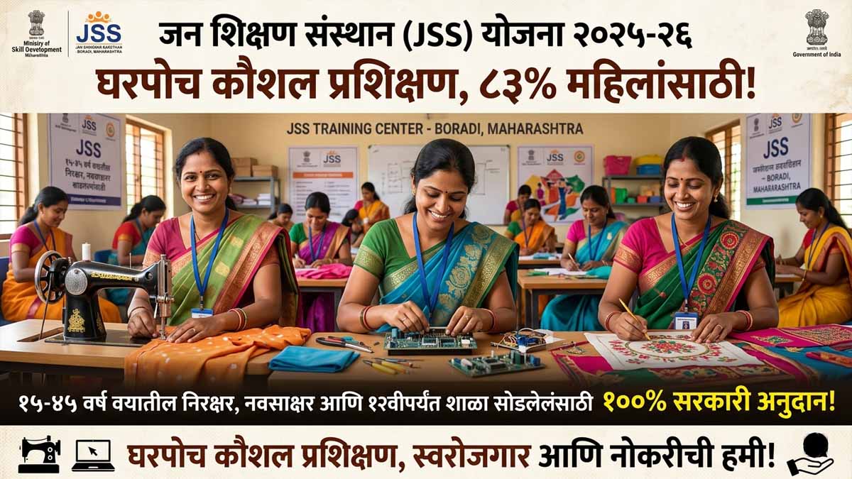 जन शिक्षण संस्थान (JSS) योजना संपूर्ण माहिती – Jan Shikshan Sansthan Yojana Complete Information – Skill Training at Your Doorstep Under Skill India, Eligibility, Application Process, Benefits, 21 Centers in Maharashtra, Over 34 Lakh Beneficiaries (83% Women). Over 20 Lakh Trained as on 31st December 2026. JSS Courses, Fees, Certificates and Successful Case Studies. Apply Now and Start Earning Independently!