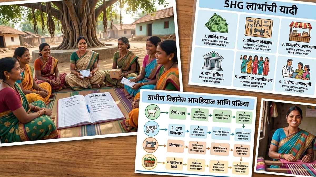 ग्रामीण महिलांचा SHG मीटिंगचा फोटो, इन्फोग्राफिक (लाभांची यादी) फोटो, बिझनेस आयडियाजचे चार्ट फोटो,