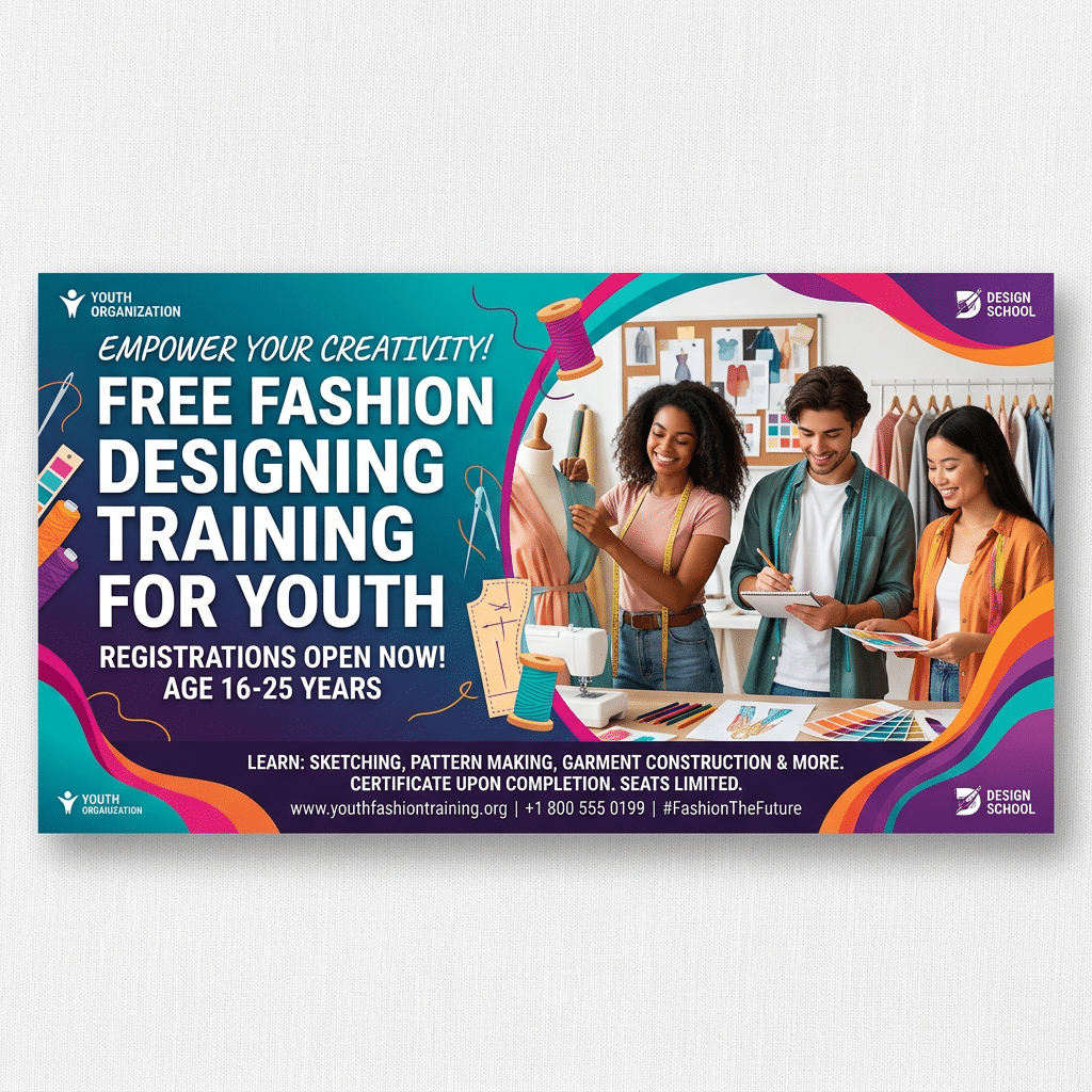 Three youth engaged in fashion designing with sewing tools and sketches : Free training in fashion designing : युवक-युवतींसाठी मोफत प्रशिक्षण.