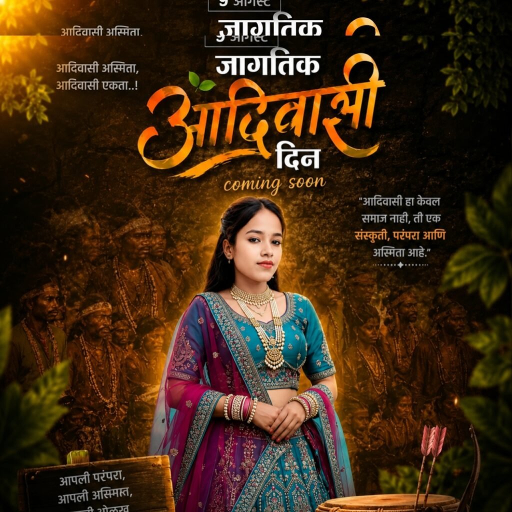 Amisha Pawara Photo, 9 August Adivasi Divas Banner Formate Design Marathi, प्रतिमा ai द्वारे निर्मित