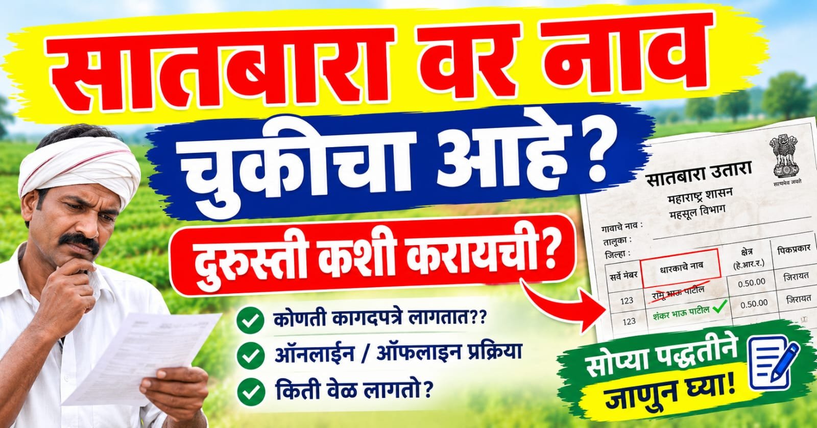 7-12 Utara Nav Chuk Durusti, 7/12 वर नाव चुकीचं आहे? दुरुस्ती कशी करायची?