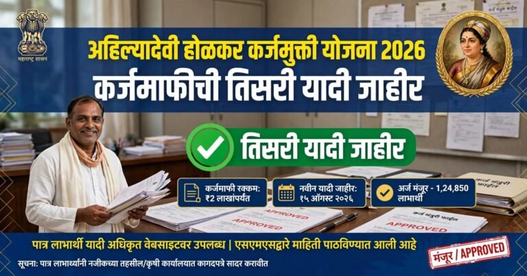 अहिल्यादेवी होळकर शेतकरी कर्जमुक्ती योजना 2026 तिसरी लाभार्थी यादी ई-केवायसी माहिती पोस्टर, Ahilyadevi Holkar Karjmukti Yojana 2026: कर्जमाफीची तिसरी यादी जाहीर.